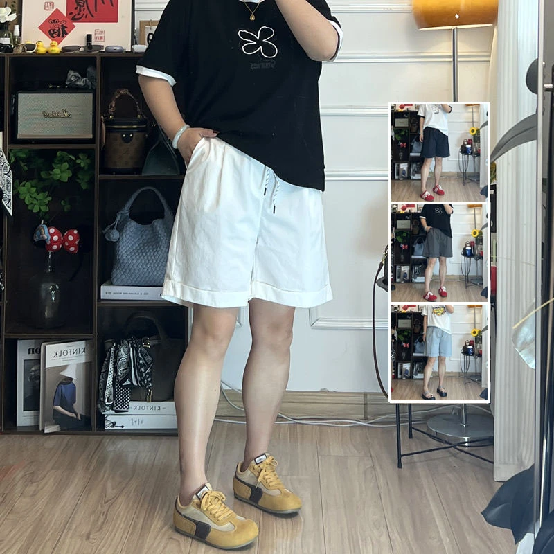 YZJ【极简短裤】大码松紧腰纯色夏季薄款宽腿显瘦显腿长休闲短裤