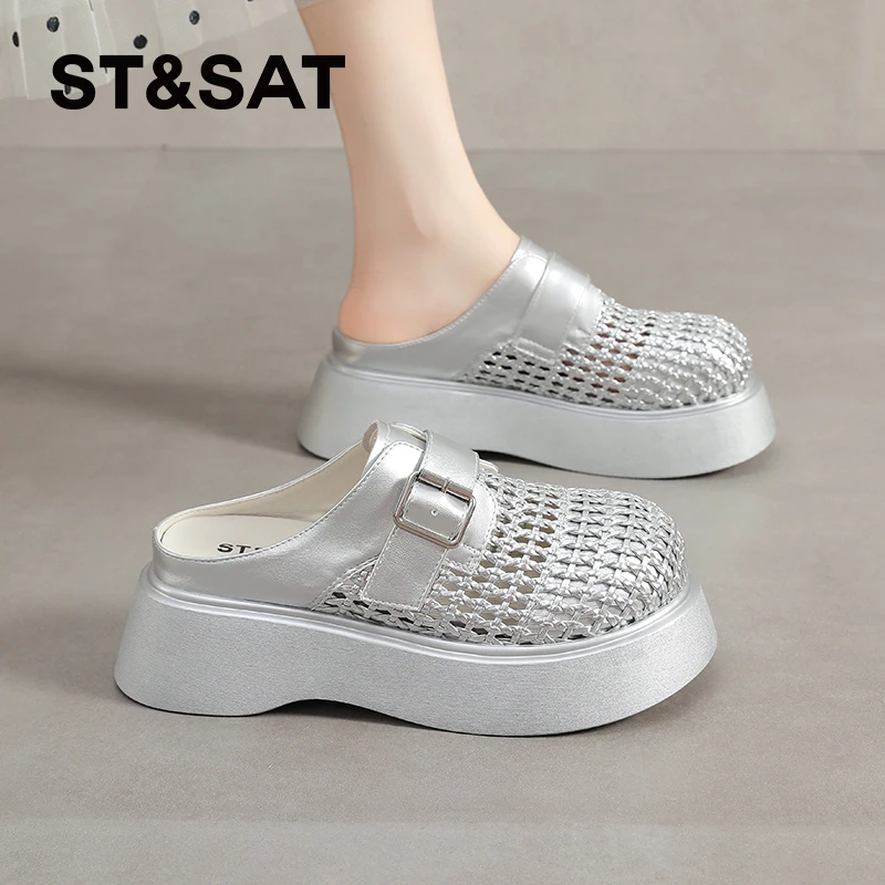 星期六黑色休闲包头拖女2025新款夏季编织透气皮带扣一脚蹬增高鞋