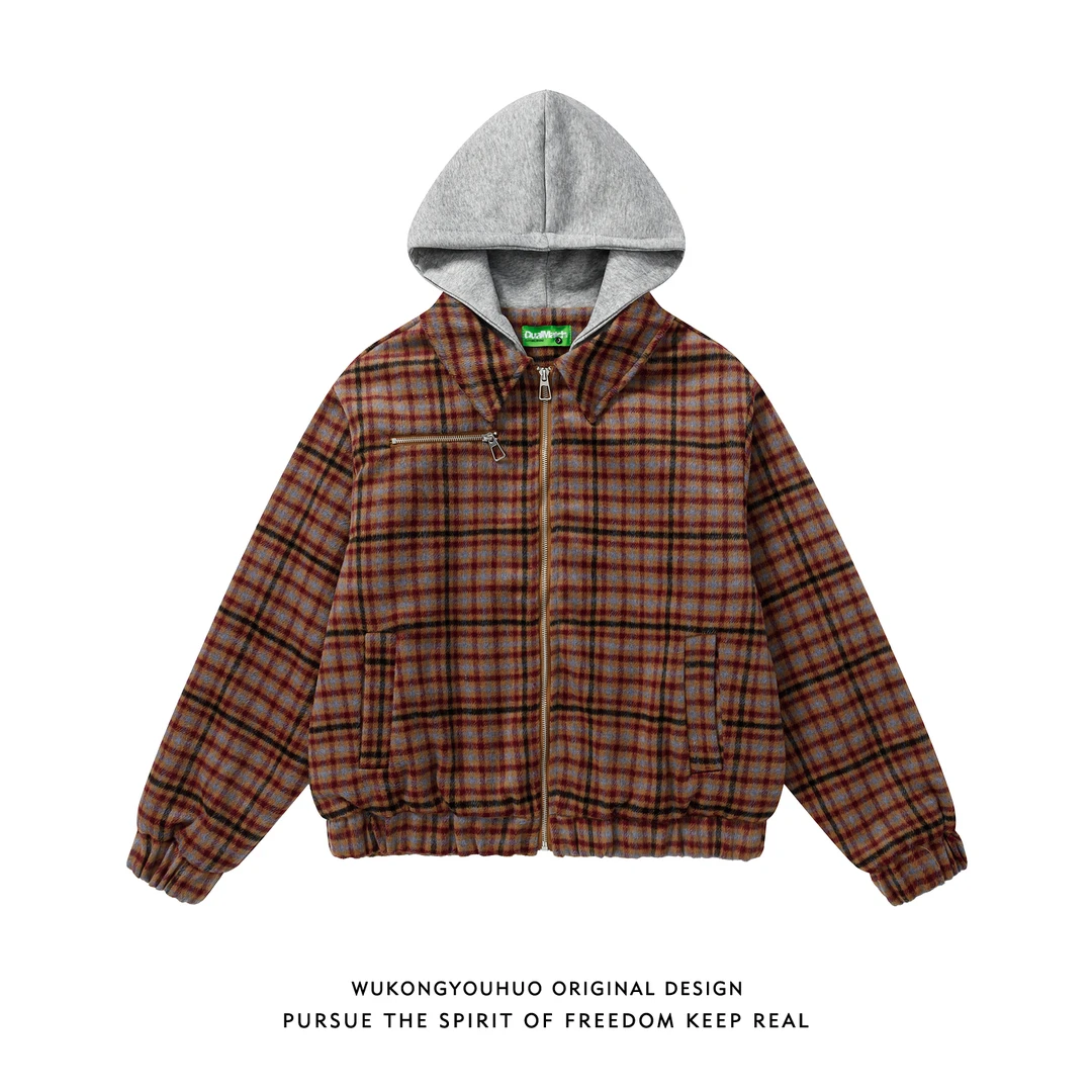悟空有货潮牌美式格子假两件拼接连帽棉衣男复古宽松情侣百搭棉服