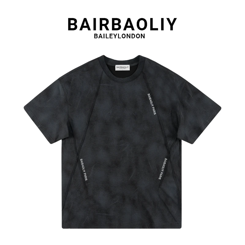 BAIRBAOLIY潮牌设计扎染线条字母宽松短袖T恤极简风简约渐变男装