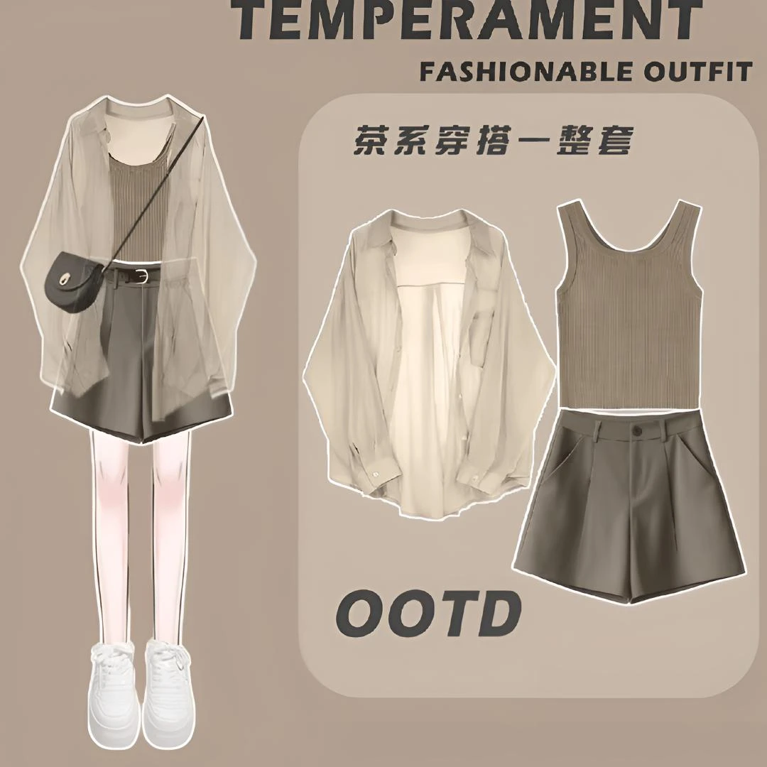 夏季套装女2025新款小个子防晒衬衫显瘦休闲短款三件套时尚气质