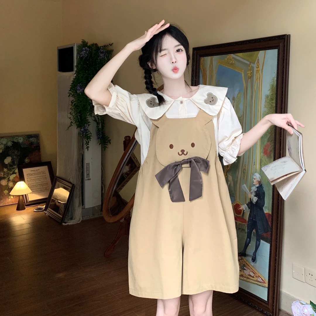 实拍现货~大码女装夏季新款韩版可爱减龄小熊背带裤+打底衫两件套
