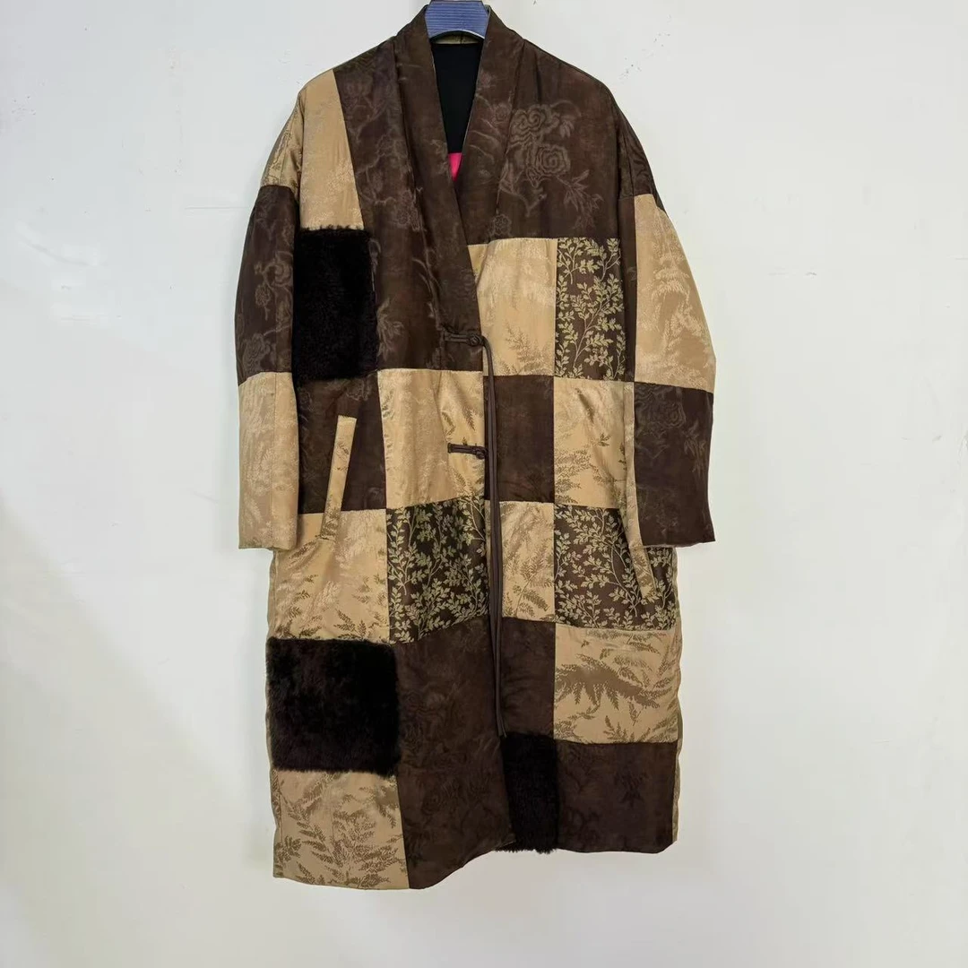 皮草拼接鹅绒是的休闲长款外套