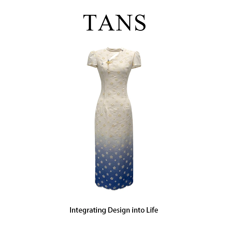 TANS【云水谣】新中式国风立领白色旗袍收腰显瘦女夏季连衣裙