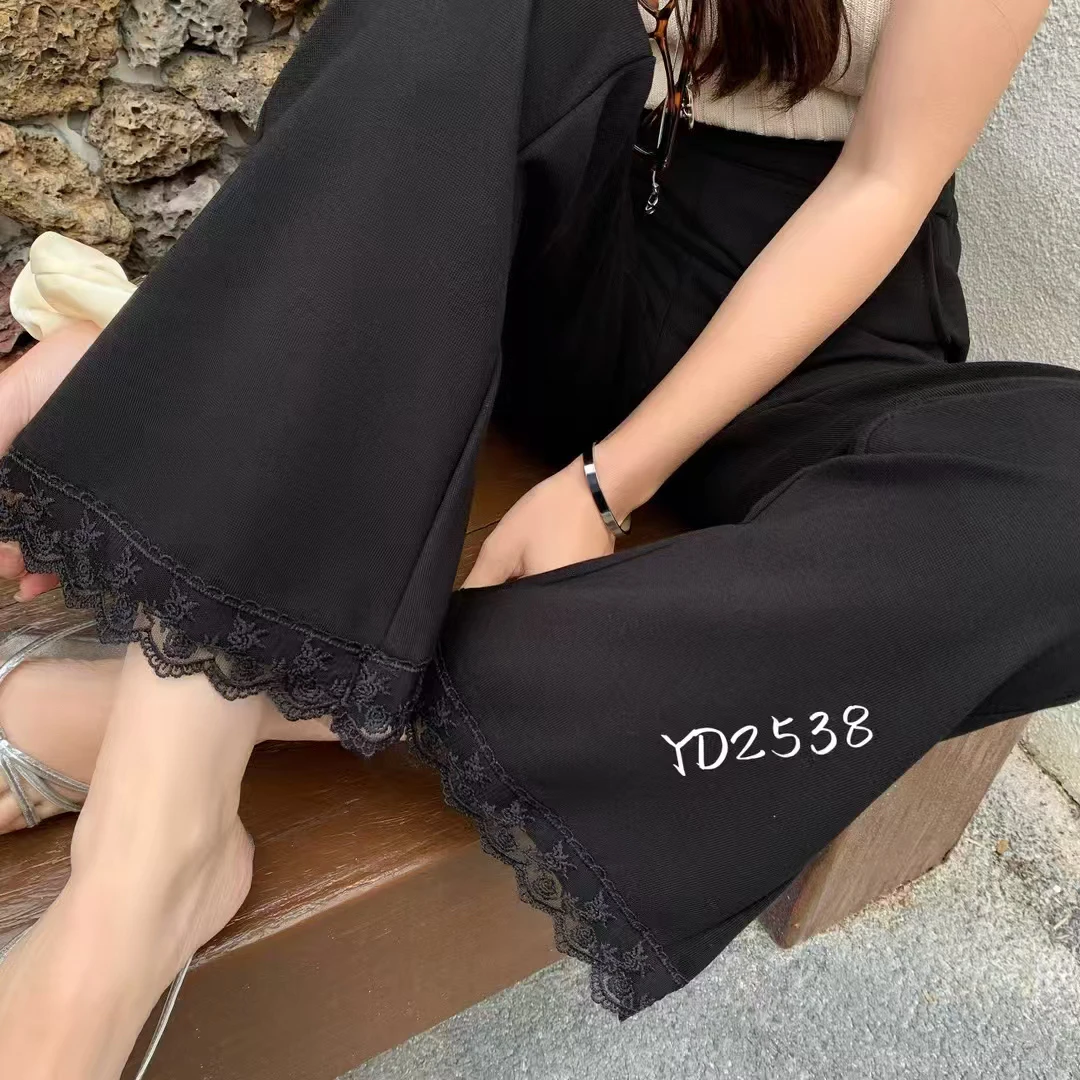 Meiky饼 #2538 洋气百搭 气质蕾丝边拼接松紧腰微叭裤