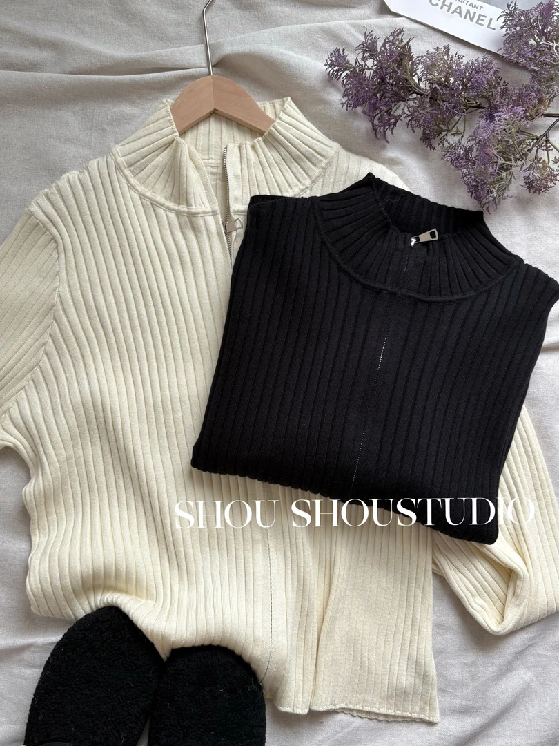 【瘦瘦】大码立领坑条双头拉链百搭显瘦针织开衫毛衣S02067