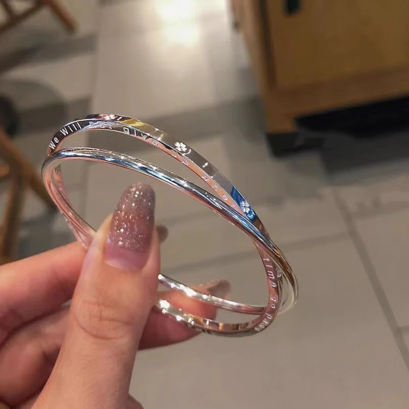 足银手镯 周大褔007双环四叶草999.9手镯女生高级感纯银幸运手环