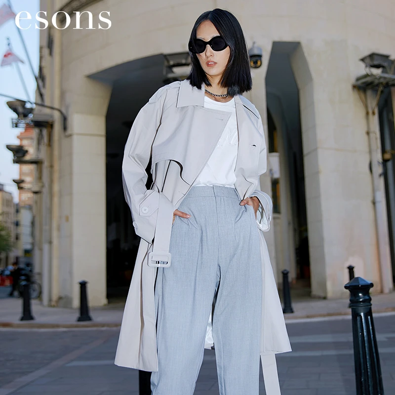 esons/爱城市春装女女装知性通勤灰色中长款直筒风衣外套34276310