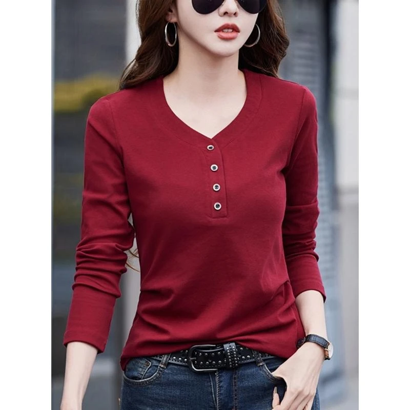 95棉长袖t恤女外穿春秋宽松v领体恤本命年大红色纽扣收腰打底衫