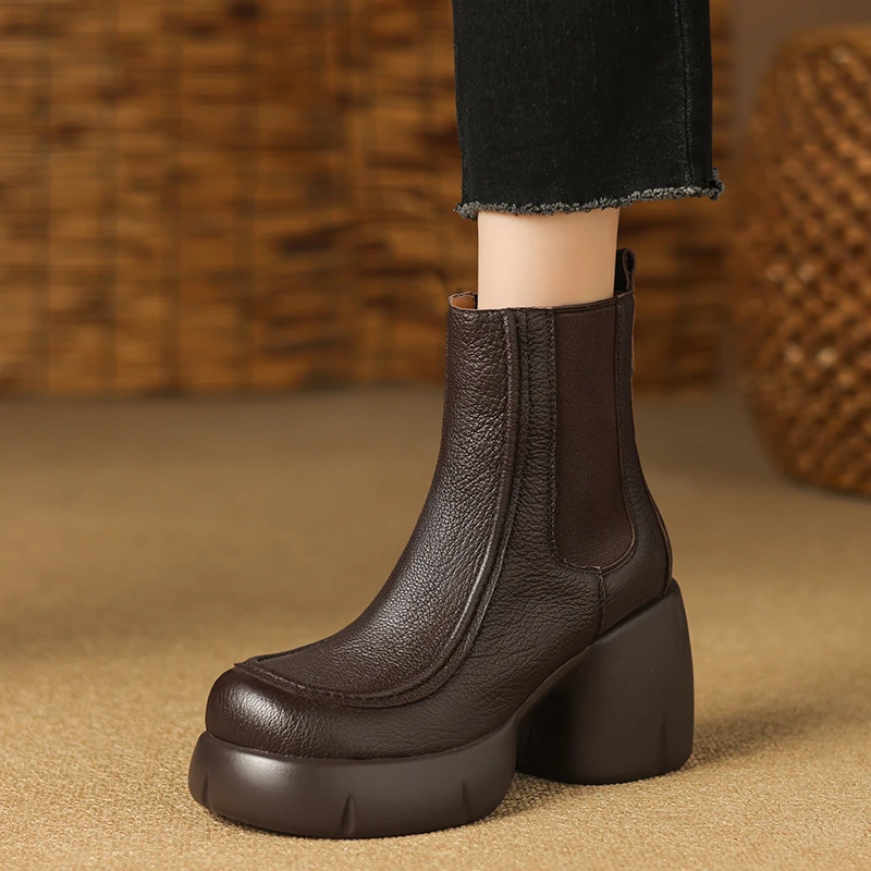 8cm真皮高跟切尔西靴女秋冬加绒圆头粗跟烟筒靴子防水台厚底短靴