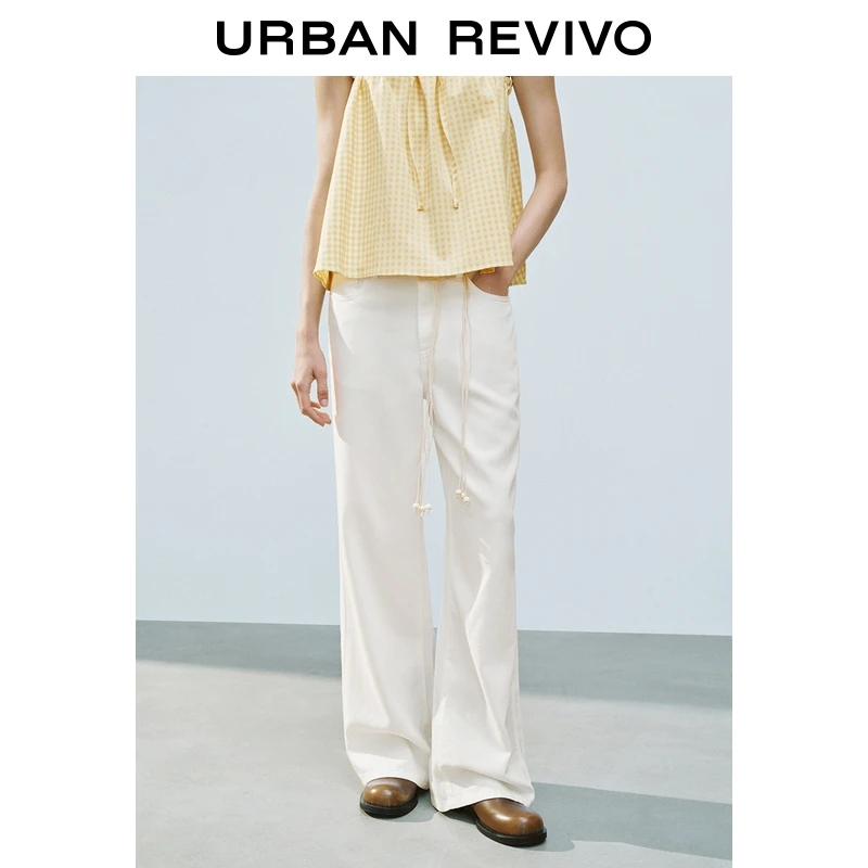 UR2025夏季新款女装波嬉风串珠腰带饰阔腿休闲长裤UYL850076