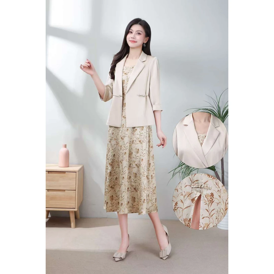 T308春款七分袖西装上衣+背心裙两件套
