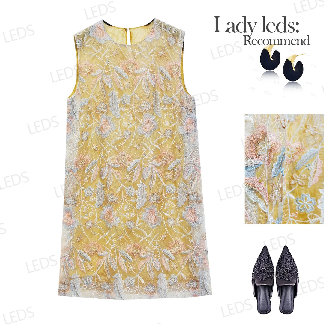 LEDS 5272夏季国风通勤时尚碎花套头圆领无袖连衣裙