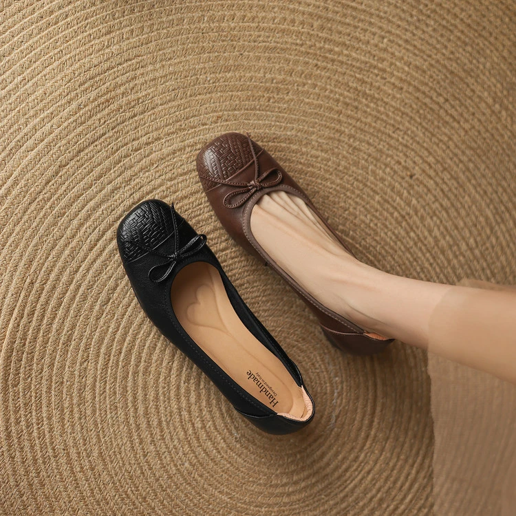 【跟高3CM】羊/猪/牛蝴蝶结浅口圆头软底软面粗跟平底女单鞋