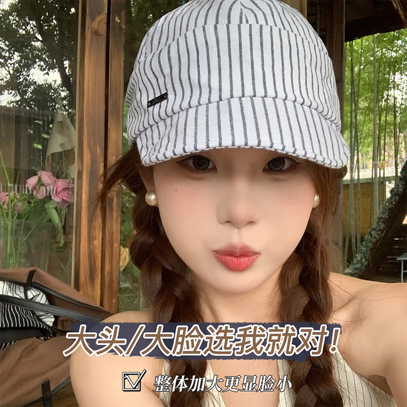 鸭舌帽女显脸小大帽檐2025新款日系条纹帽子