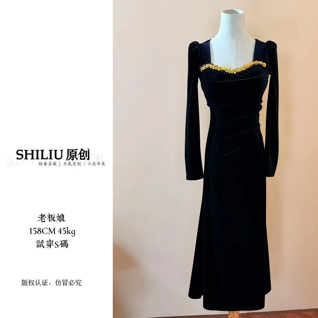 【十六定制】法式赫本风连衣裙女冬季厚款气质长裙44265