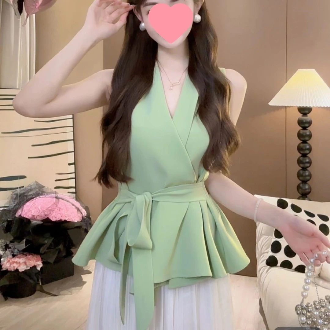 法式洋气系带收腰显瘦无袖衬衫女2025夏季新款气质甜美别致上衣