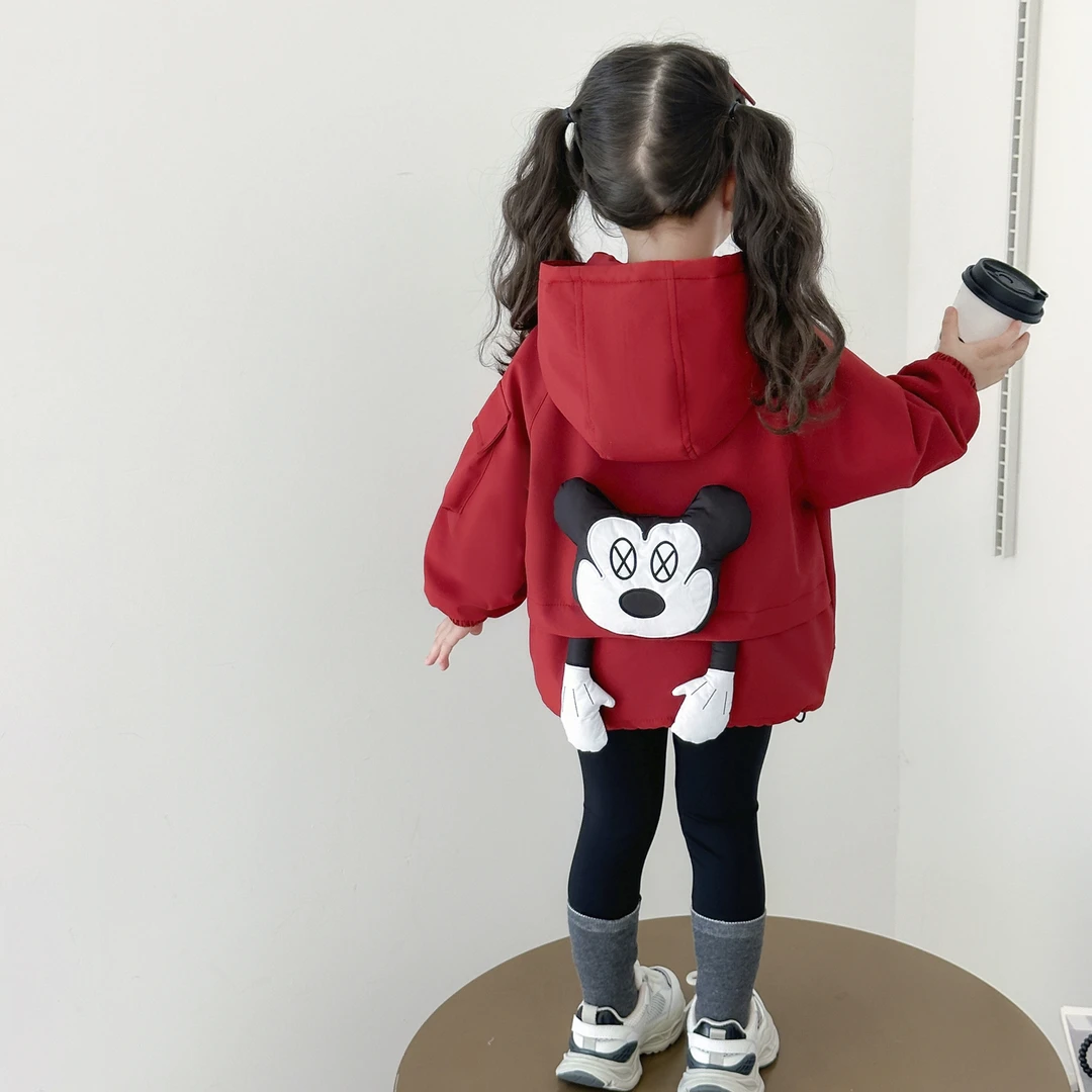 女童秋冬款加绒外套儿童卡通连帽运动冲锋衣宝宝薄绒夹克保暖上衣