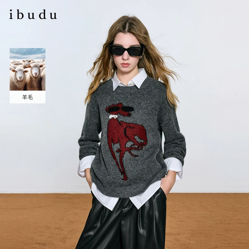 三彩ibudu2026春季新款提花针织衫圆领毛衫套头休闲上衣女