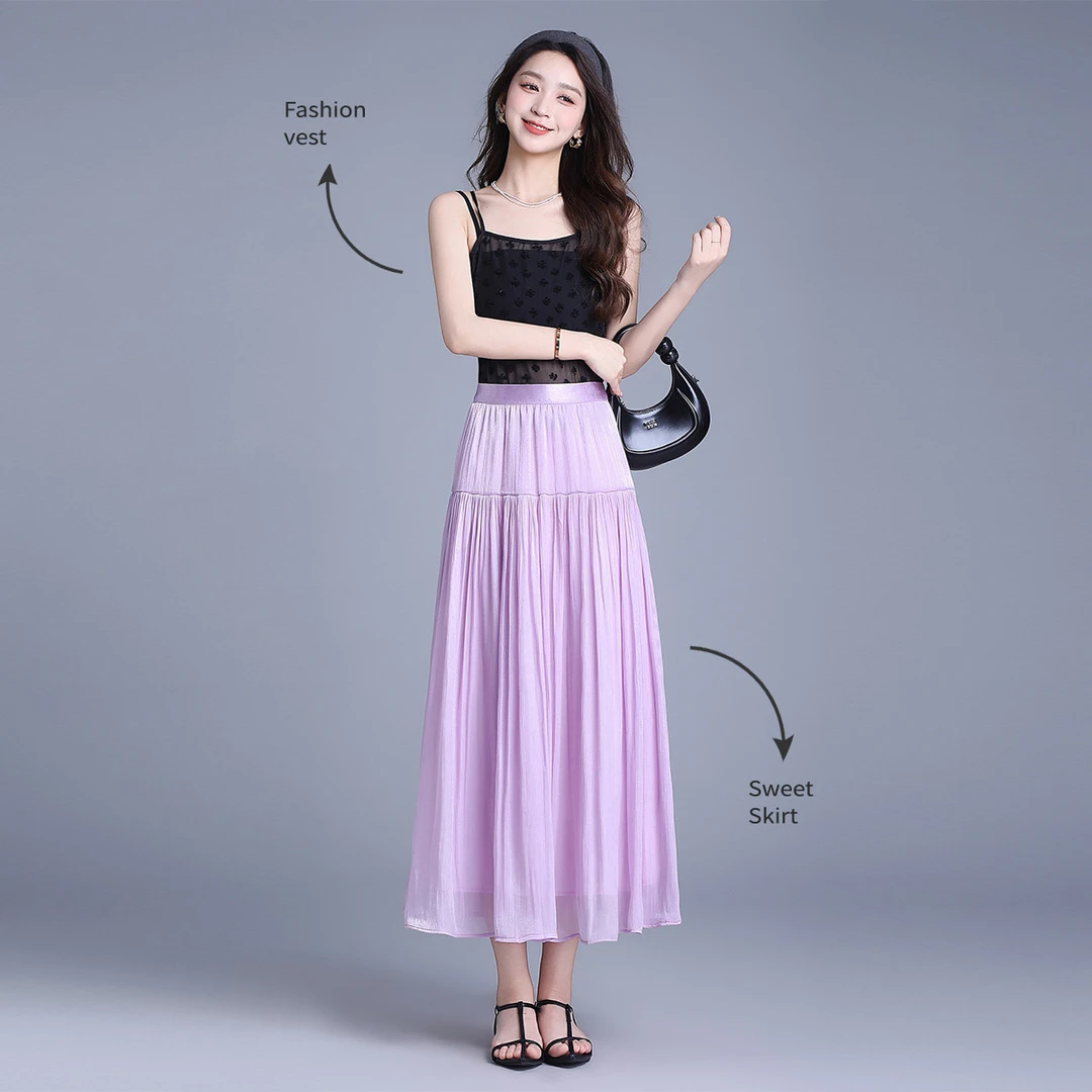 白鹿语25夏新款高级感长款橡筋腰女裙子YU20469