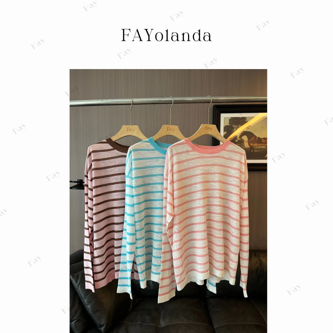 FAY | 简约减龄亚麻条纹长袖T恤（3H0094）