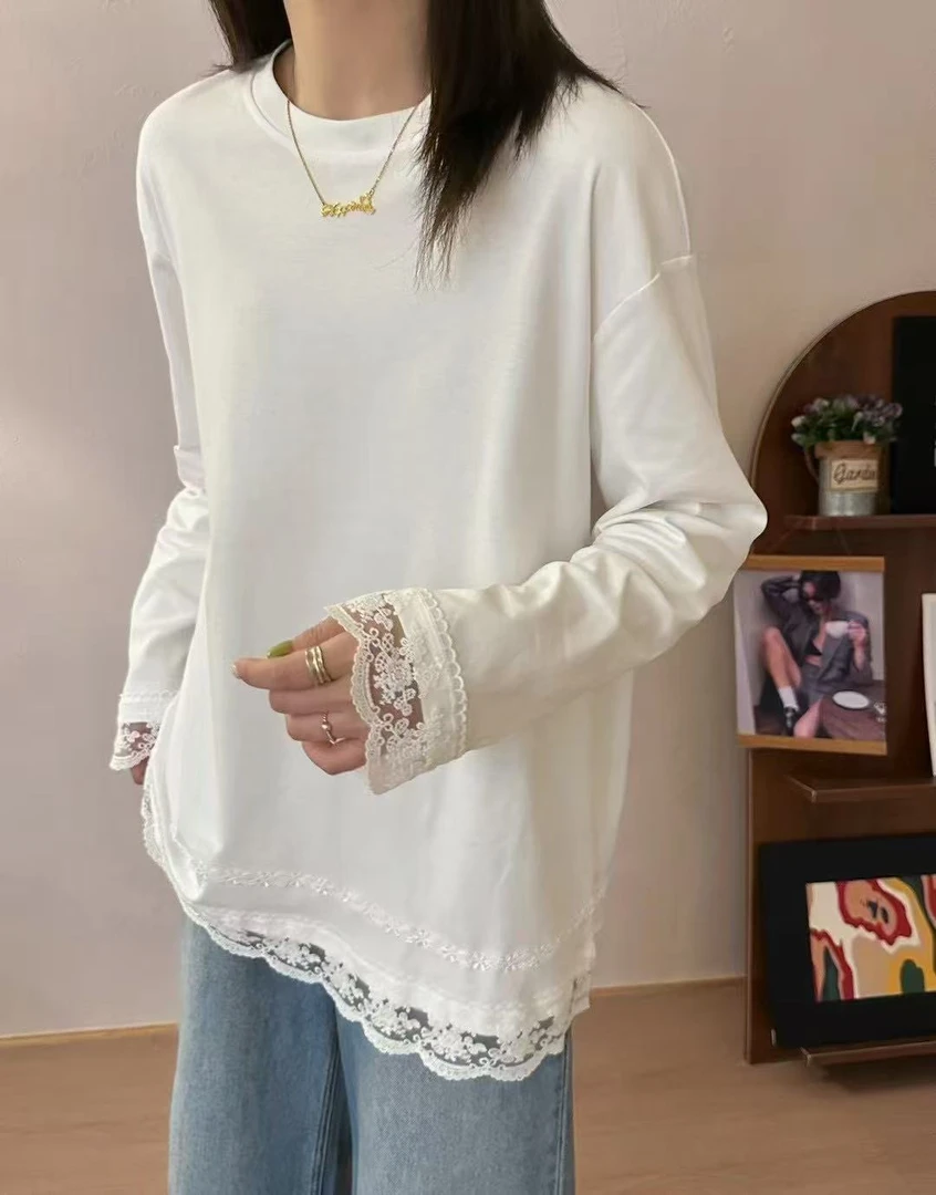 【锦衣服饰】WZ 25155韩系蕾丝花边拼接边圆领长袖T