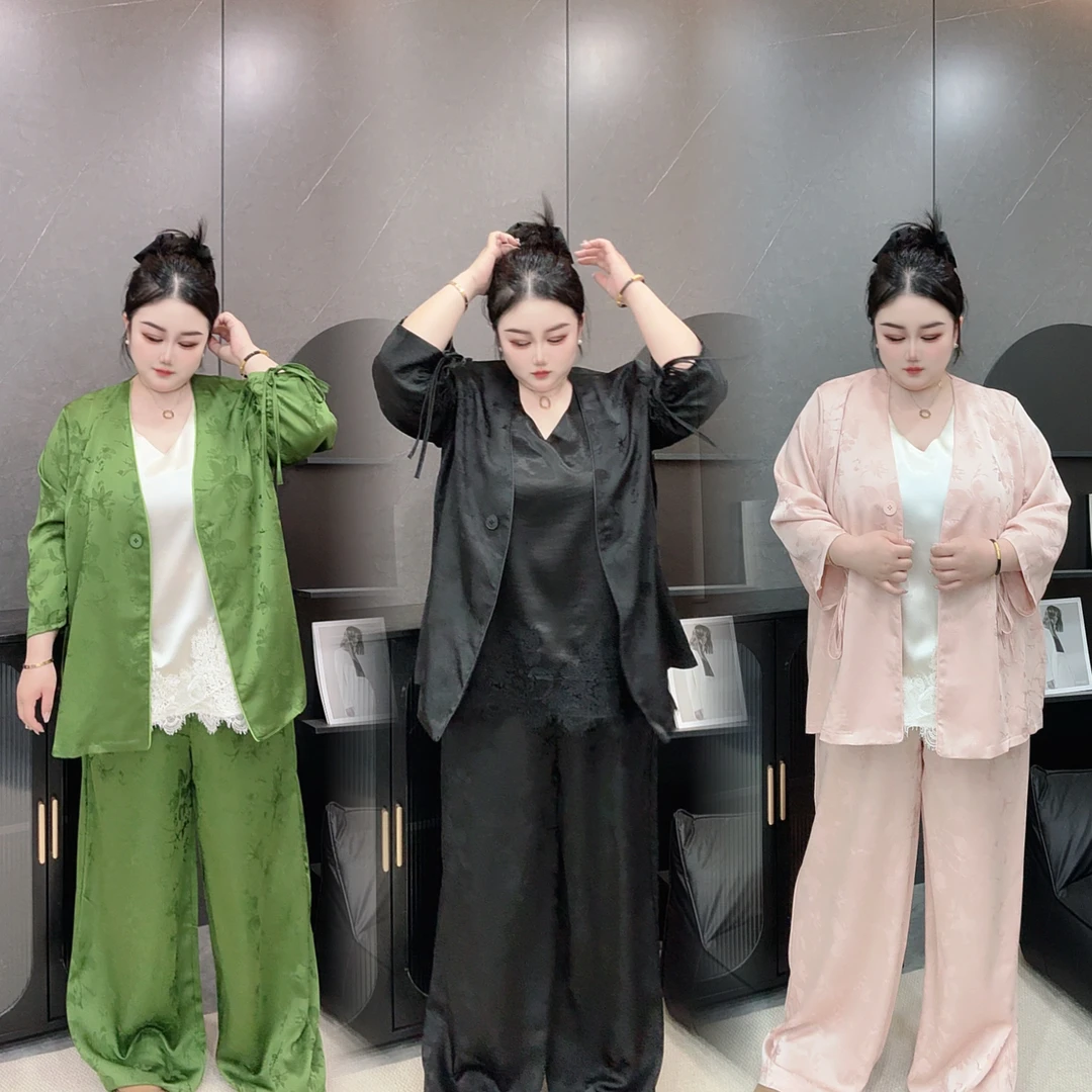 【大女主】新中式中国风缎面提花气质大码宽松显瘦薄款两件套套装