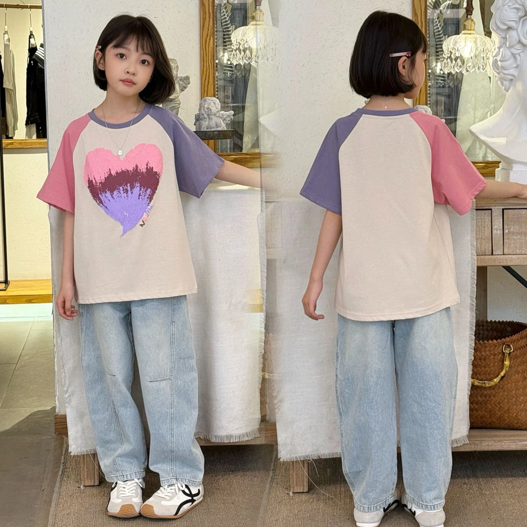 童装女童夏款T恤中大童宽松炸街美式短袖牛仔弯刀裤套装韩版