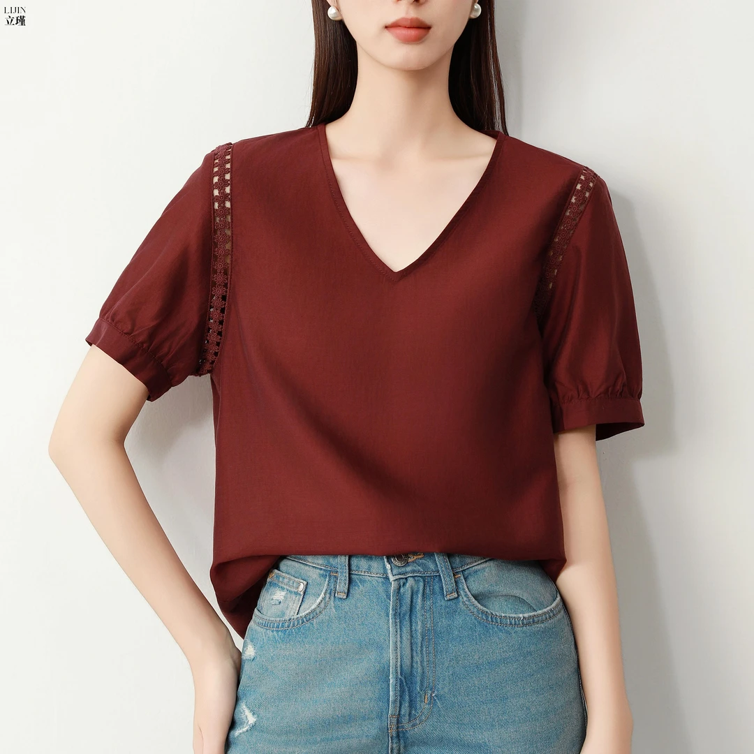 夏季新款V领雪纺衫女短袖时尚洋气宽松上衣高级感气质莱赛尔小衫