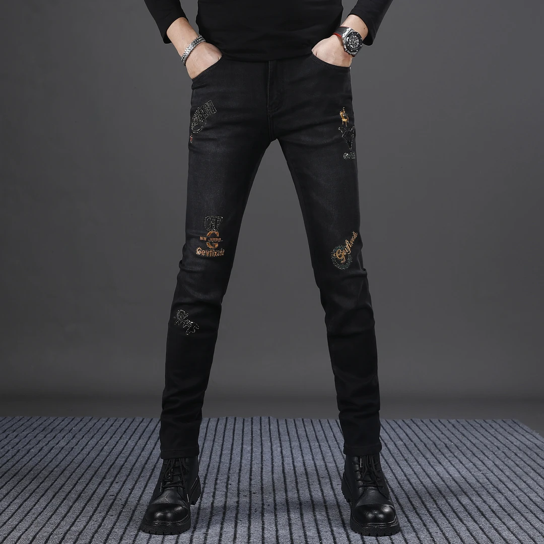 维斯克纳黑色牛仔裤男款秋季新款修身小脚弹力潮牌刺绣裤子男裤潮