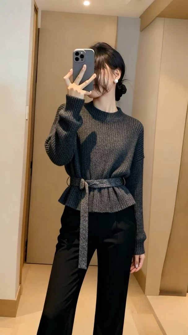 Z603优雅风V领黑灰色收腰毛衣女款秋高端小资气质名媛针织上衣