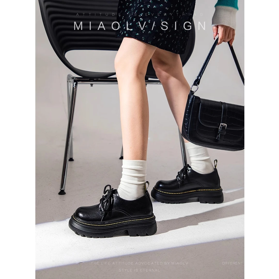 「妙侣」阿司匹林~系带厚底增高休闲德比小皮鞋女百搭马丁乐福鞋