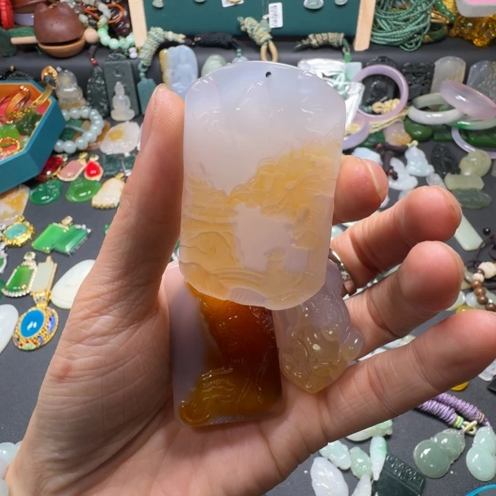单***狗玛瑙/玉髓未镶嵌吊坠(赠链)山水牌3