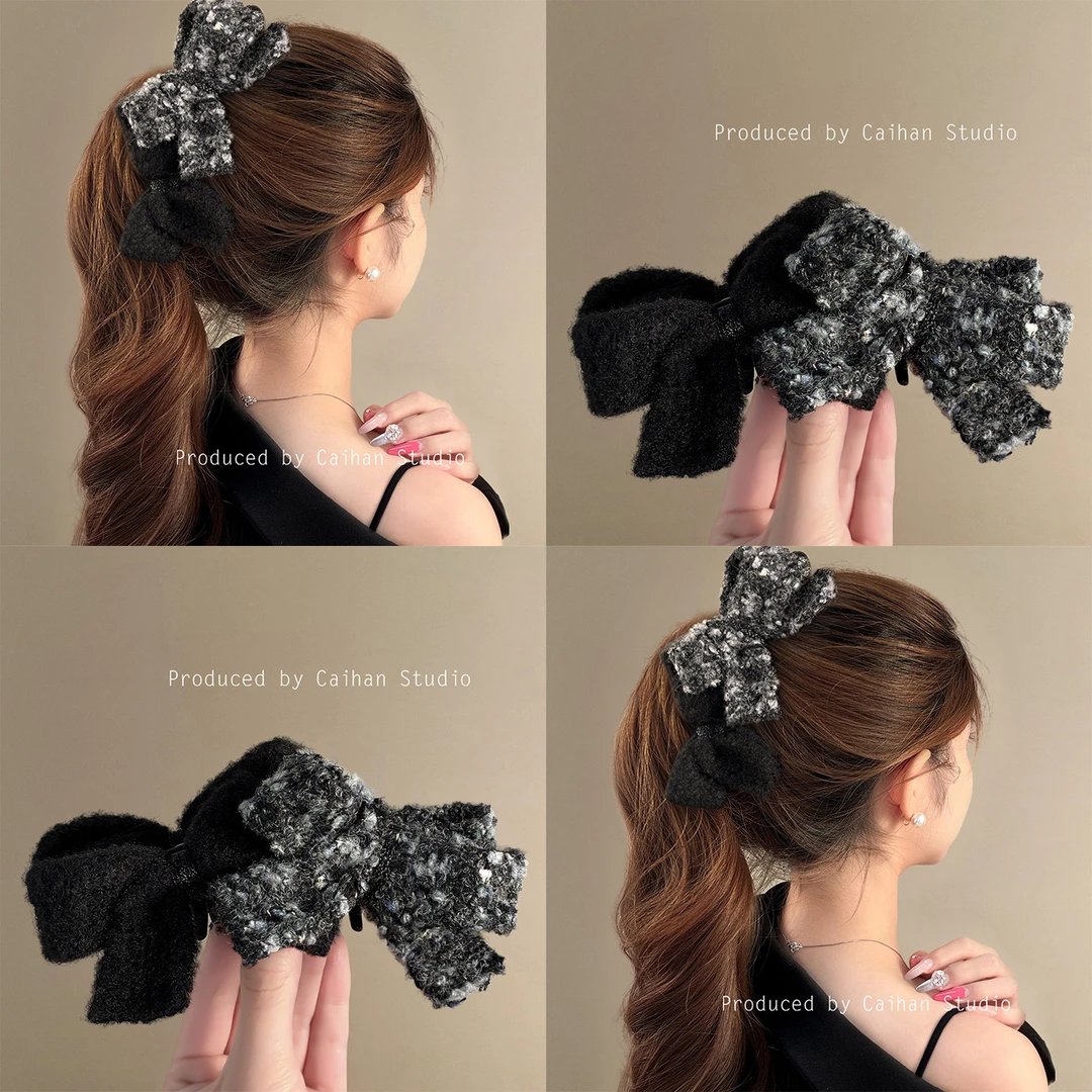 零温落雪~韩国气质蝴蝶结香蕉夹高级感小香风毛呢高马尾抓夹发饰