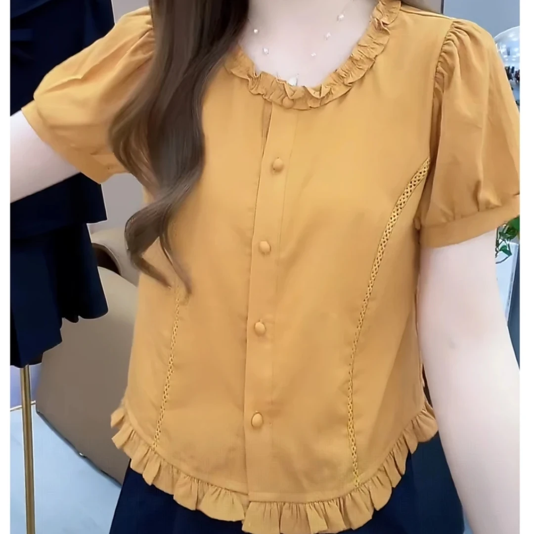 夏季圆领桔色短袖花边下摆设计感衬衫百搭休闲2025夏季泡泡袖上衣