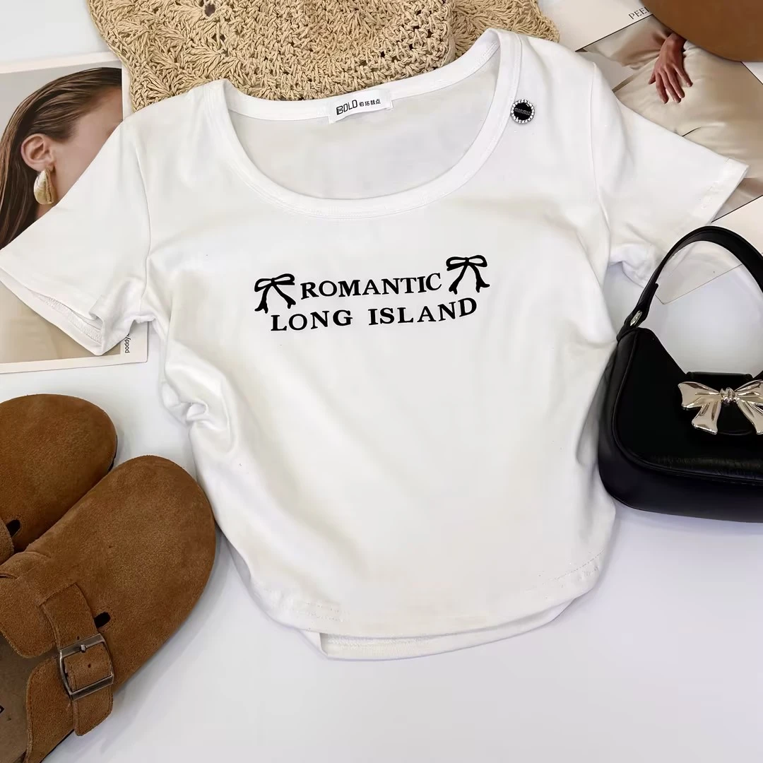 2025夏季新款时尚百搭修身款高腰显瘦显高性感亮闪圆领T恤