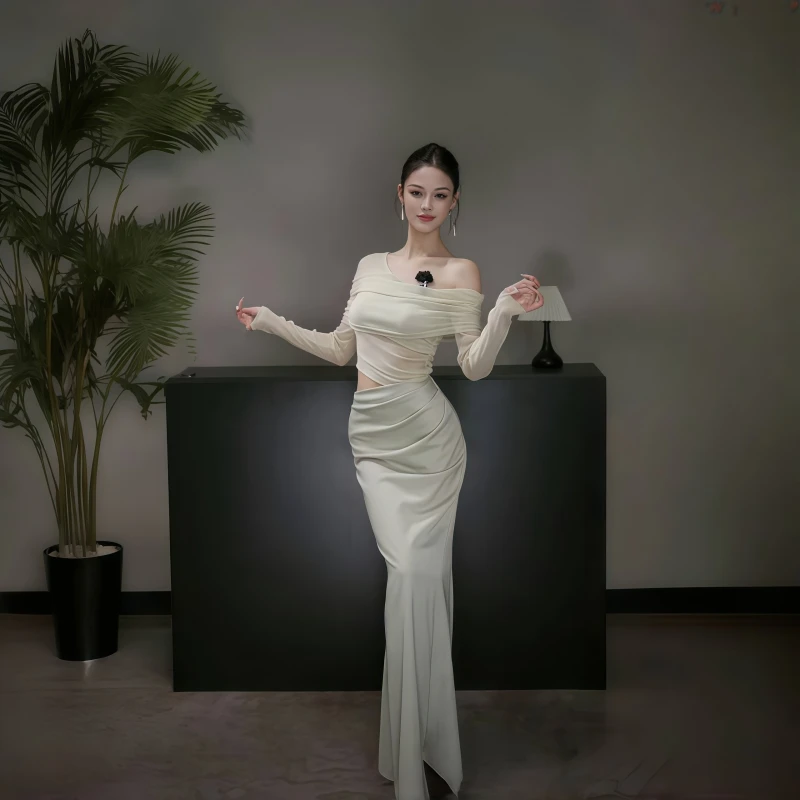 轻奢气质拼接假两件一字肩包臀连衣裙度假镂空性感高级感约会长裙