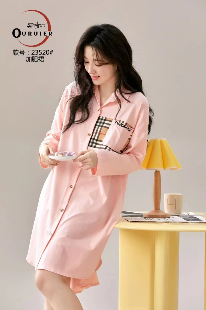 宽松简约大码长袖开衫睡裙休闲时尚可外穿短