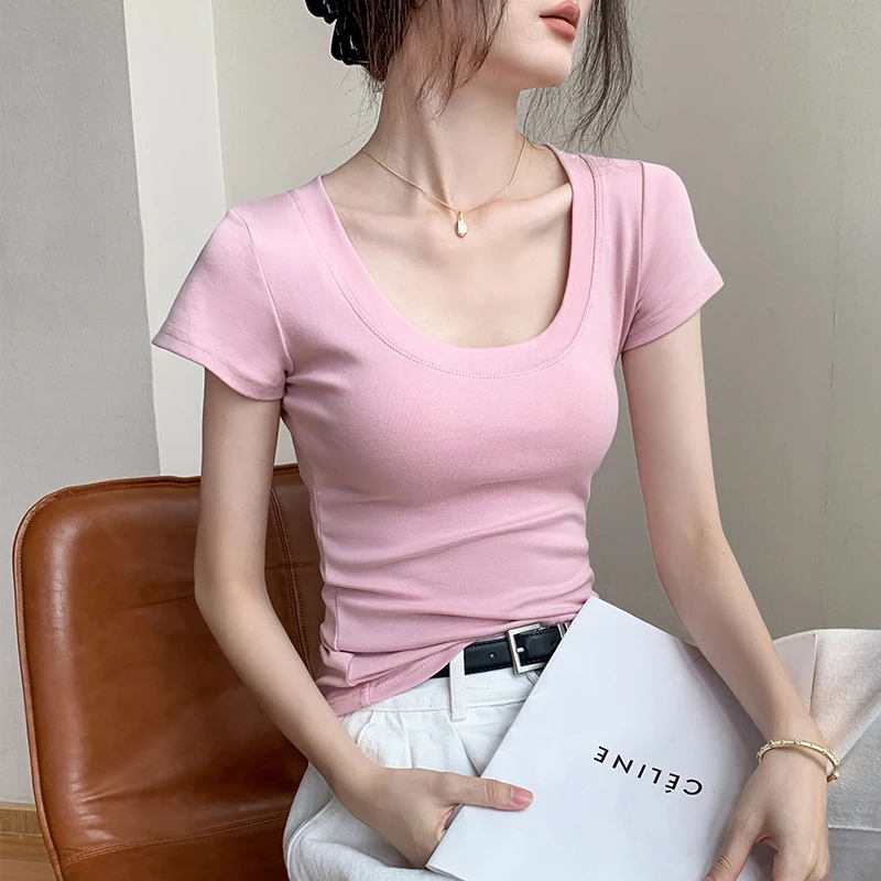短袖t恤女2025夏季新款高级感大领口收腰修身显瘦正肩小纵上衣女