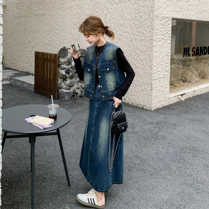 复古港风牛仔套装裙女2025春秋新款甜酷氛围感率性百搭炸街两件套