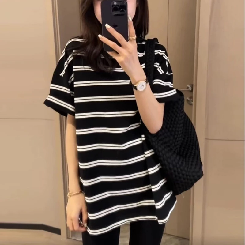 黑白条纹短袖t恤女夏季新款欧货百搭遮屁股潮流中长款上衣