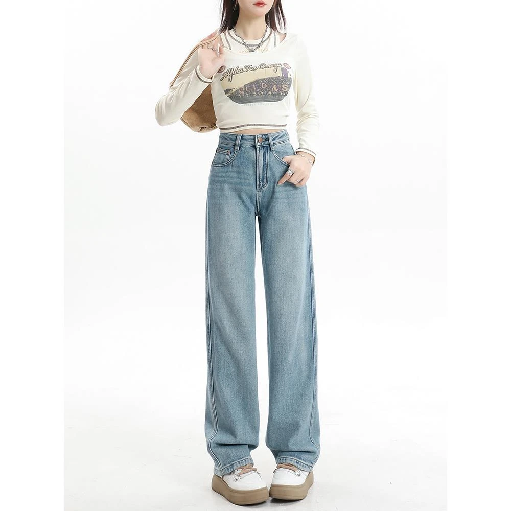 浅色牛仔裤女直筒宽松2023年秋冬新款高腰梨形身材加绒窄版阔腿裤