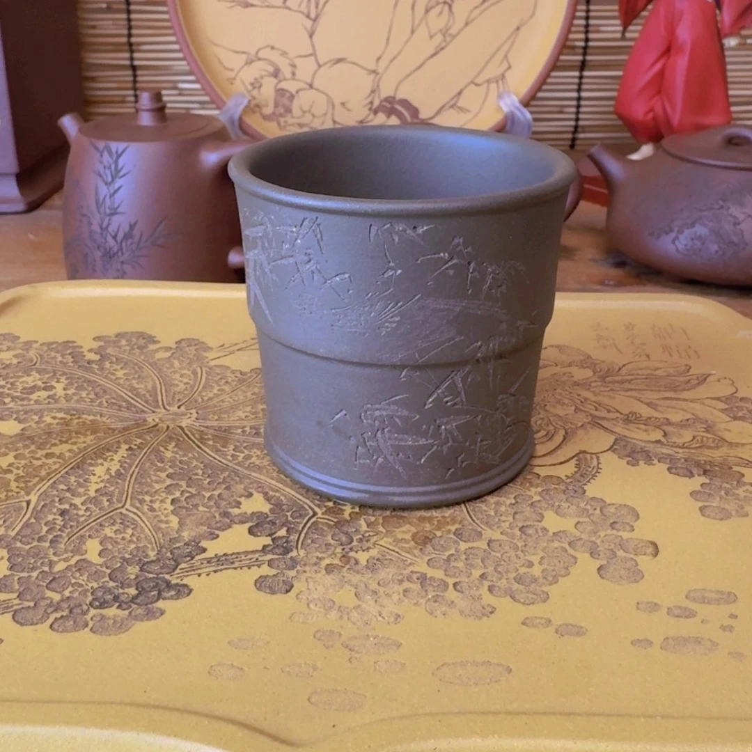 紫砂茶杯紫砂茶杯竹鸟刻绘