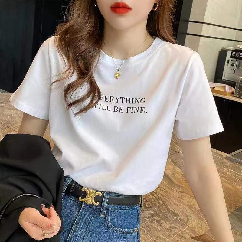 纯棉短袖T恤女夏白色2025年新款宽松潮字母半袖打底内搭正肩上衣