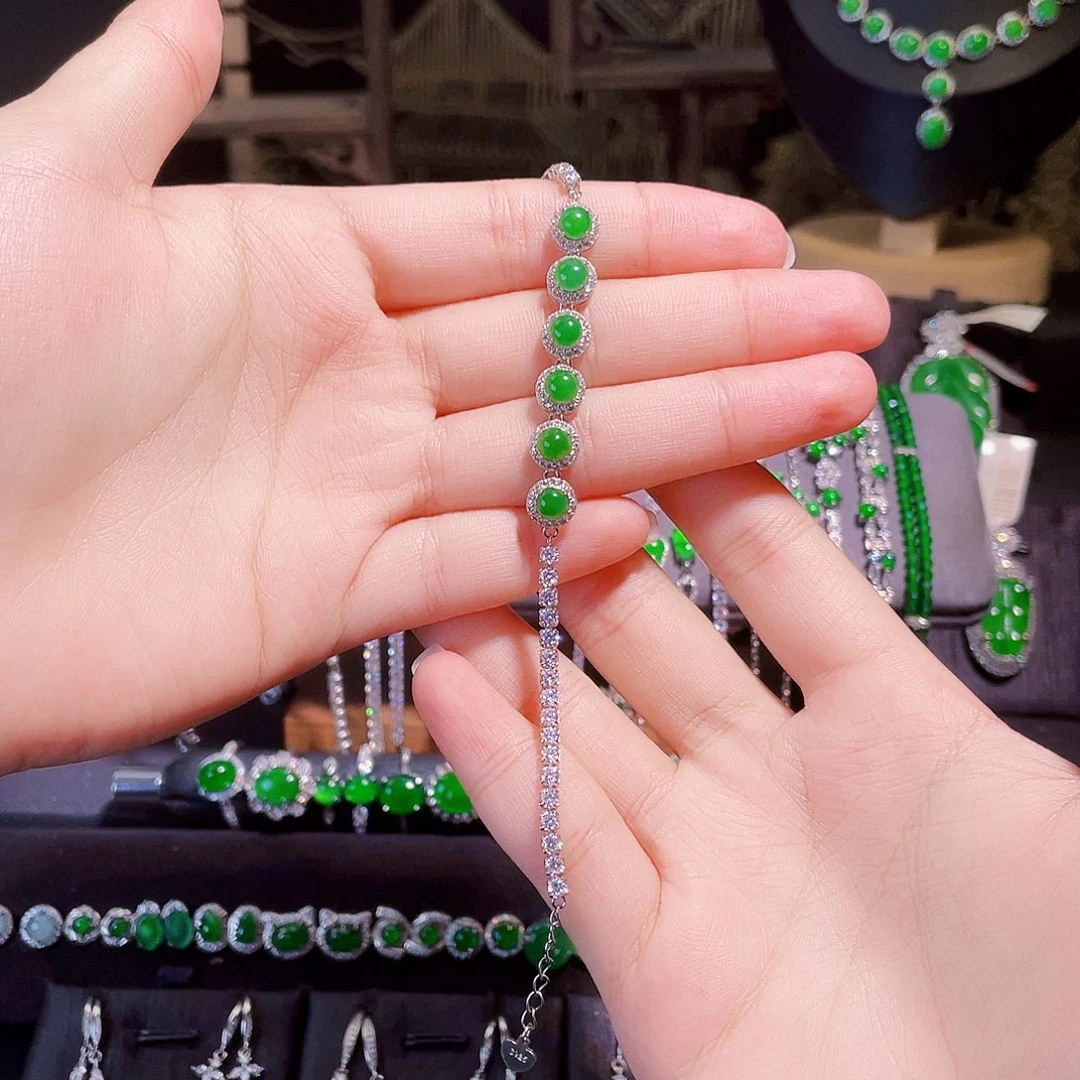 烟***瓦翡翠银S925镶嵌手链蛋面