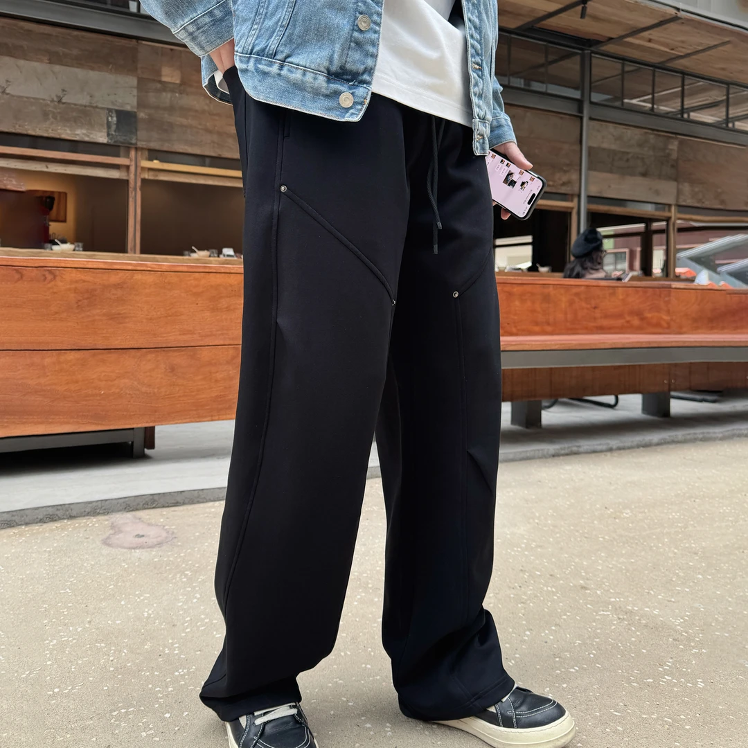 春秋季男士新款立体裁剪压褶休闲裤子简约百搭直筒宽松纯色运动裤