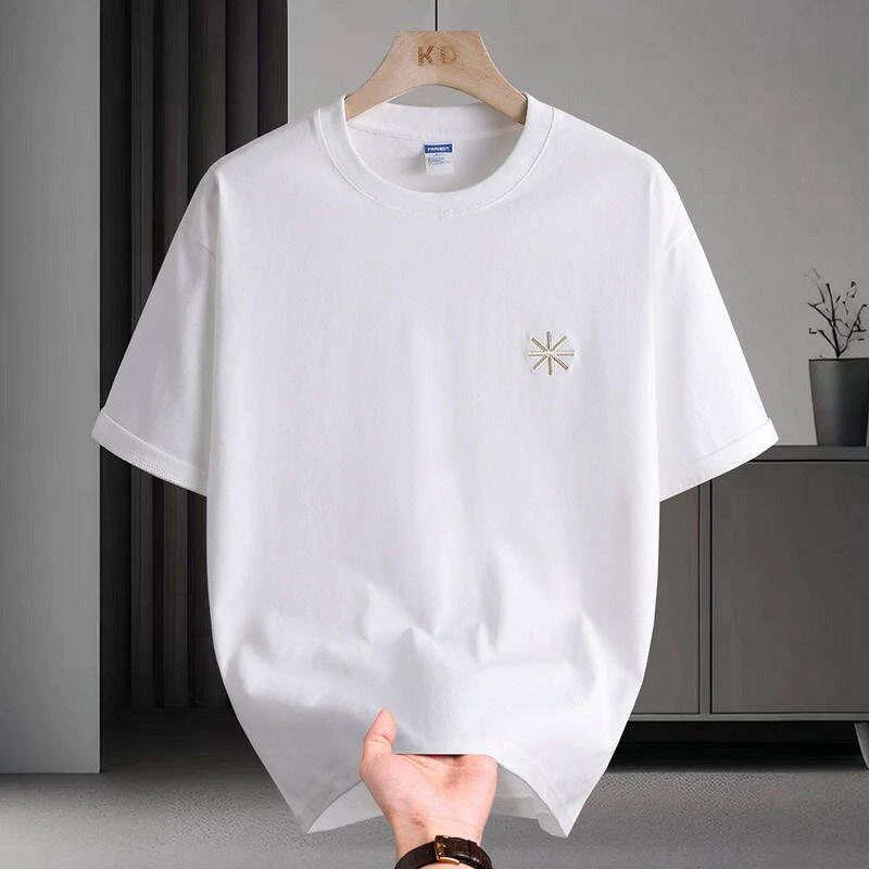 2025夏季绣花米字纯棉T恤男士260克宽松落肩休闲百搭短袖2530