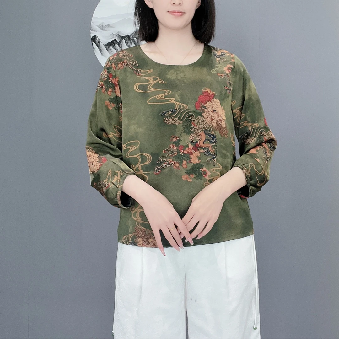 2025春季新款圆领长袖女士精品中老年妈妈装上衣大码休闲百搭小衫