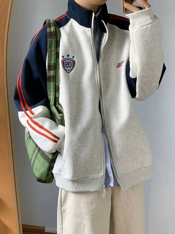 【金果子】2025美式慵懒chic外套春秋插肩袖条纹刺绣立领夹克Y187