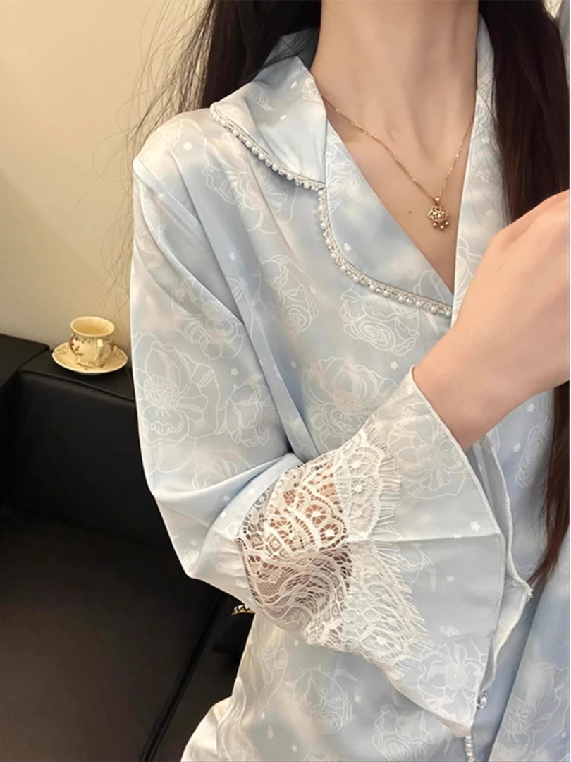 轻奢高级感睡衣女士春秋2025新款冰丝绸开衫蕾丝大码长裤家居套装